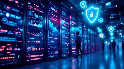 Modern server room computer racks digital security shields glowing analytics