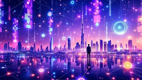 Futuristic corporate network advanced ai quantum computing digital nodes security abu dhabi skyline middle east