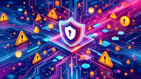 Abstract digital shield fragmented data streams warning symbols cybersecurity