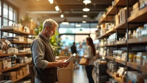 Modern retail store shelves stocked store manager reviewing inventory customers shopping