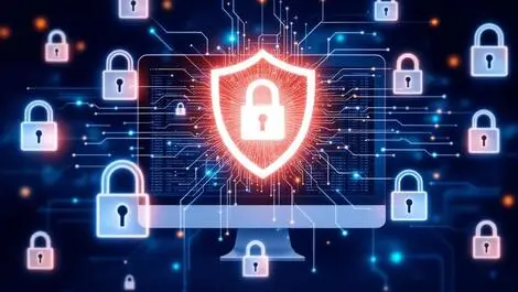 Computer screen shield icon digital padlocks enhanced cybersecurity protection