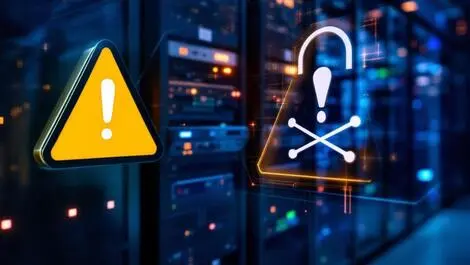 Realistic illustration computer server rack warning symbol digital security vulnerability