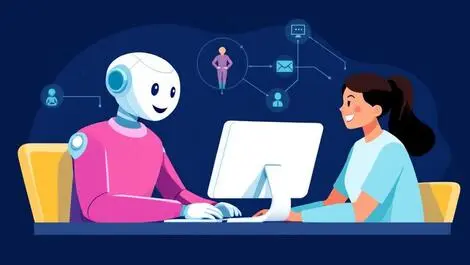 Friendly humanoid robot smiling customer interacting computer automated processes