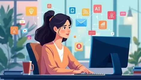 Businesswoman computer digital marketing ai icons modern office illustration