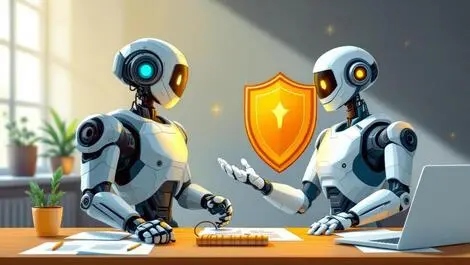 Illustration robot shield office desk ai agents productivity protection