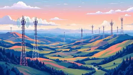 Vibrant illustration cellphone towers new zealand landscape signal waves