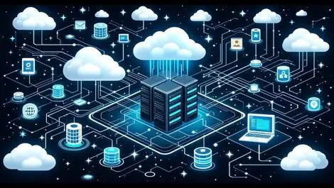 Interconnected data servers cloud icons seamless data flow central control