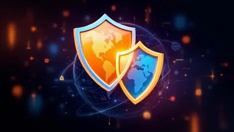Interlocking shields globe digital data global fraud prevention financial services illustration