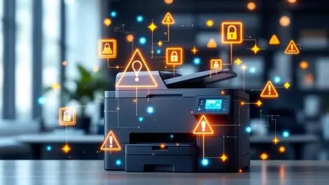 Realistic photo networked office printer digital security warnings modern workspace