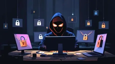 Stylized masked hacker dark room computer screens locks chains network cables supply chain vulnerabilities