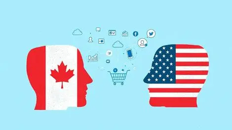Canadian us flags digital economy negotiations icons cloud smartphone shoppingcart