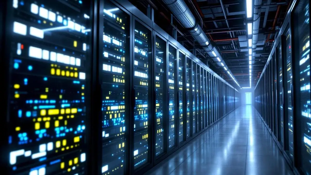 Realistic photo large high tech data centre illuminated server racks cooling systems modern london north american style