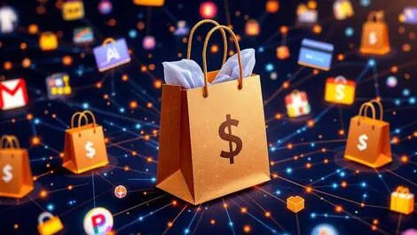 Digital illustration interconnected shopping bags loyalty cards ai network