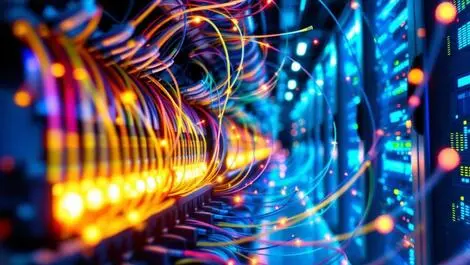 Technician assembling colourful fibre optic cables data centre uk tech