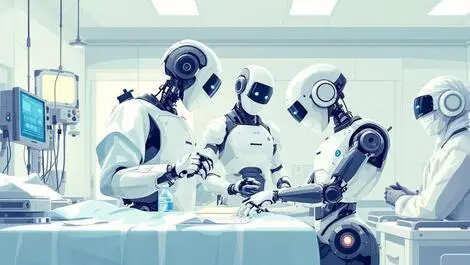 Robots doctors collaborating modern healthcare hospital setting patients equipment