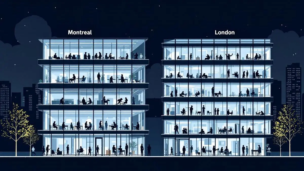Modern office building glass windows montreal london collaborative workspace