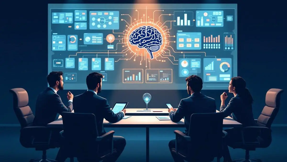 Realistic business meeting executives conference table digital brain ai governance