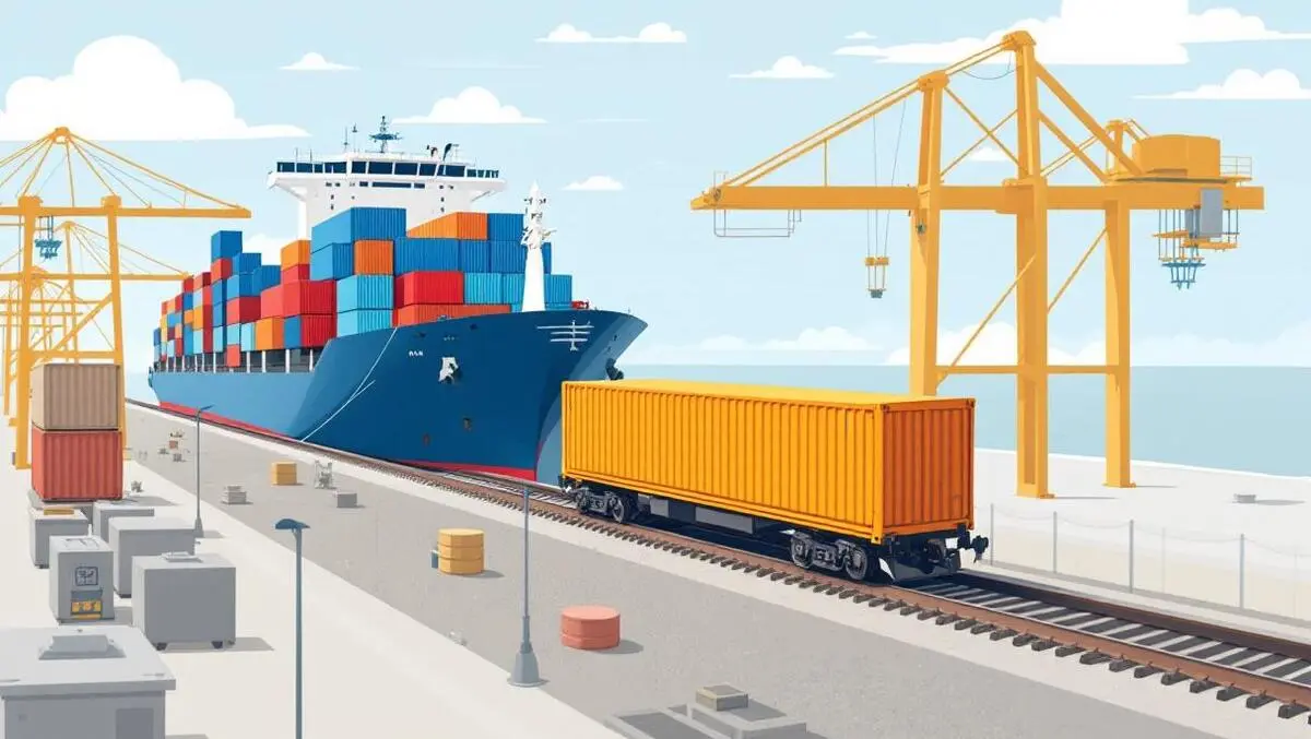 Freight container transfer from cargo ship to freight train at busy north american port