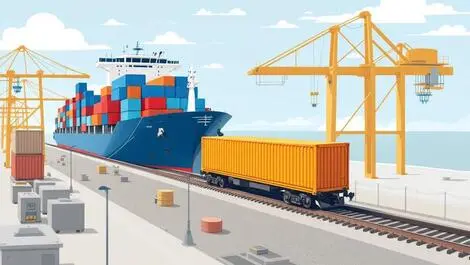 Freight container transfer from cargo ship to freight train at busy north american port