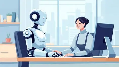 Helpful ai assistant humanoid robot supporting customer service employee modern office