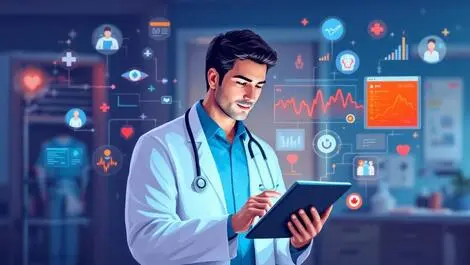 Canadian doctor using tablet with digital medical icons and data flows