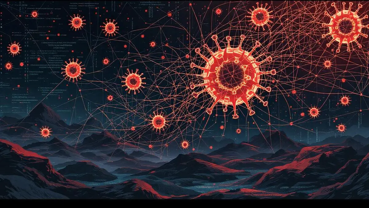 Complex tangled network of code lines morphing into shadowy virus