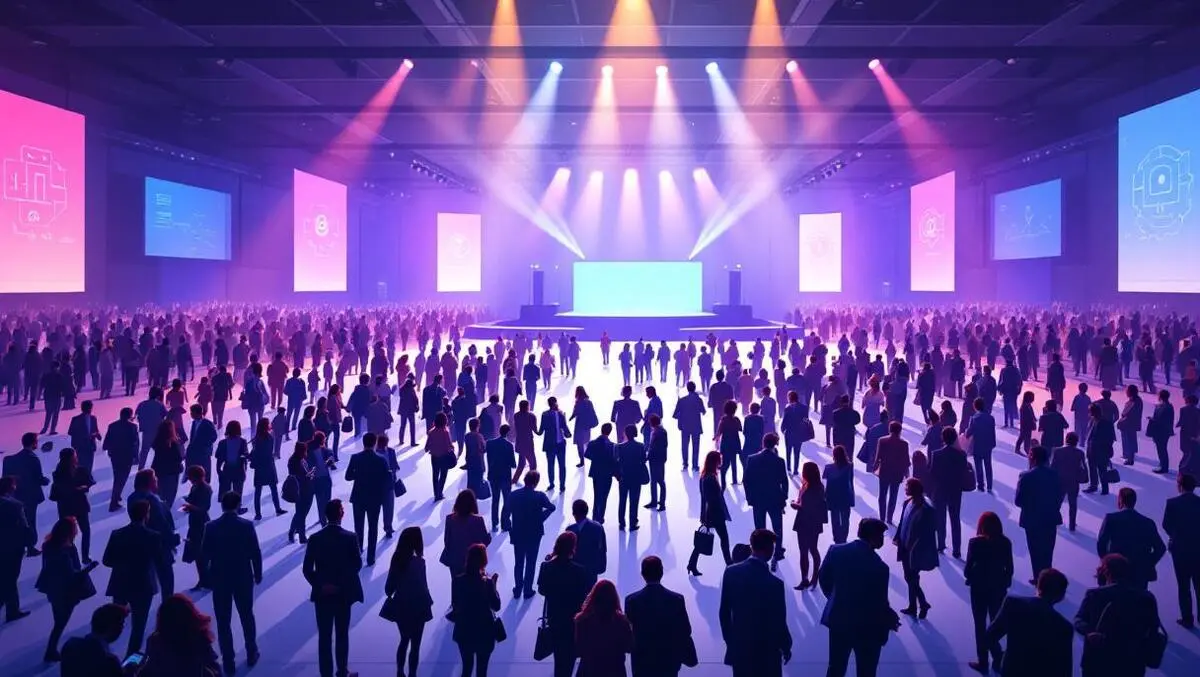 Montreal conference hall business professionals networking stage spotlight tech symbols