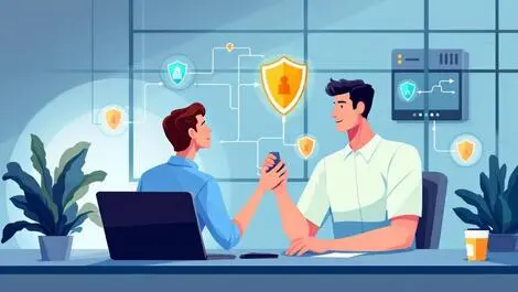 Professional inspecting computer network digital defenses cybersecurity shield icons