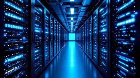 Modern data center rows storage servers glowing blue lights high tech