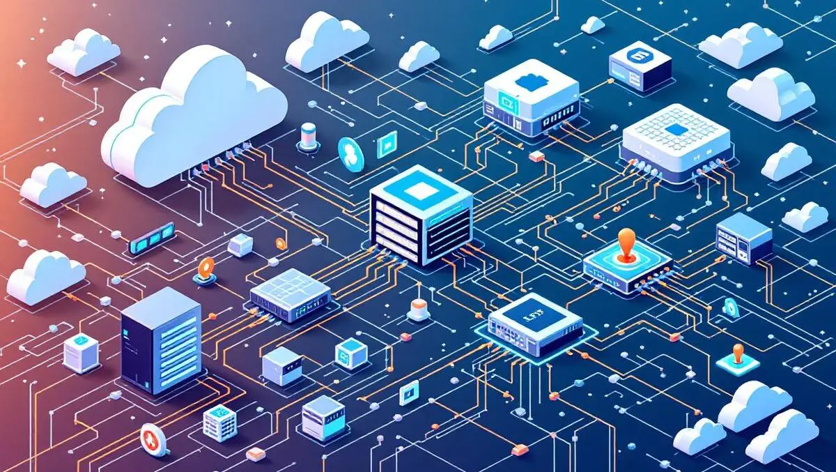 Detailed illustration interconnected data centers clouds network cables servers