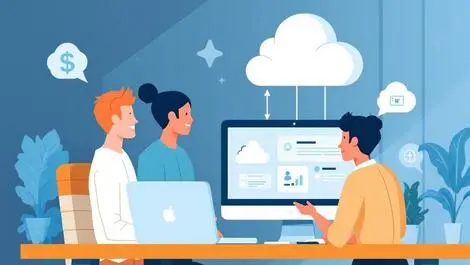 Office workers collaborating around computer cloud icons business cloud erp transition