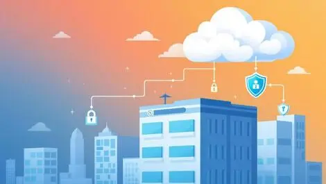 Secure data cloud above modern building with digital locks shields business environment