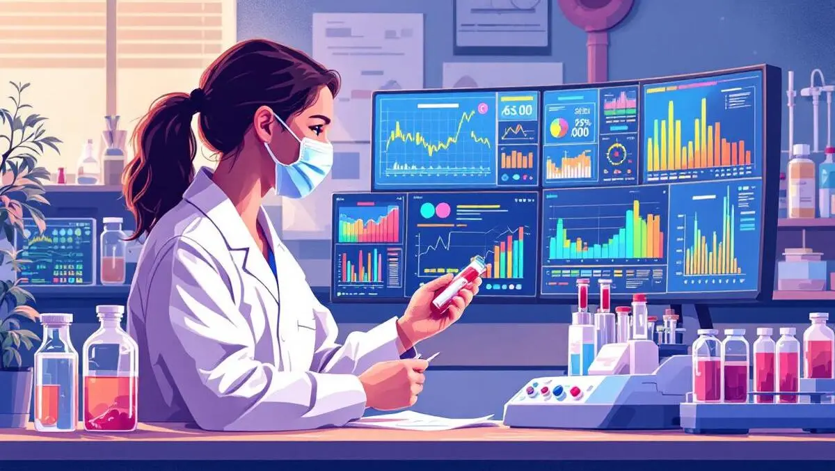 Lab technician analyzing blood sample digital biomarker graphs modern scientific lab