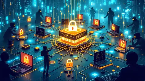 Realistic illustration interconnected servers computers digital locks shields cyber threats