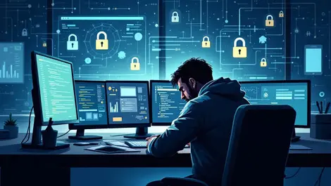 Tired it worker at desk with monitors stress cyber defense education
