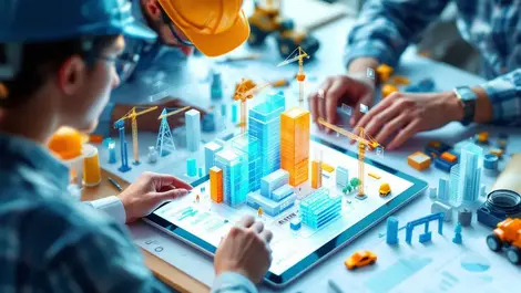 Architects engineers collaborating 3d building model digital tablet construction tech