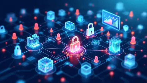 Illustration secure data network interconnected nodes digital locks graphs ai