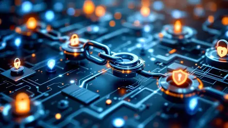 Interconnected digital chains secure locks ai circuit shields enterprise security