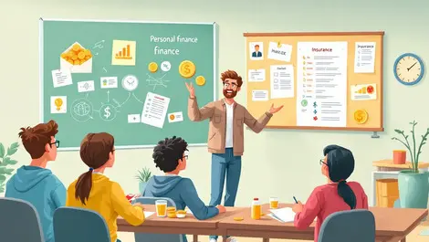 Uk classroom teenagers learning personal finance with coins insurance icons