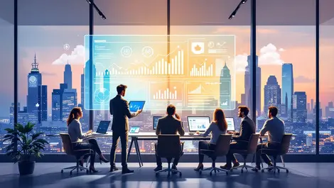 Modern office professionals collaborating ai data analytics business charts canadian cityscape