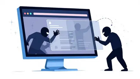 Computer screen web browser shadowy malware figures slipping past security barrier
