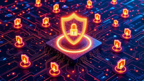 Detailed computer network neon shield icons ai quantum waves encryption