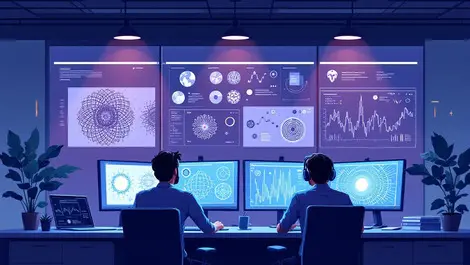 Business office software engineers analyzing ai generated patterns on screens symbolizing ai risks