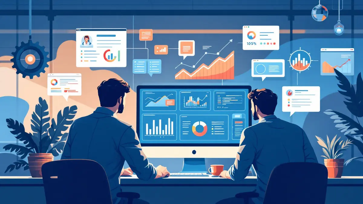 Professionals collaborating computer analytics graphs technology workflow automation modern office