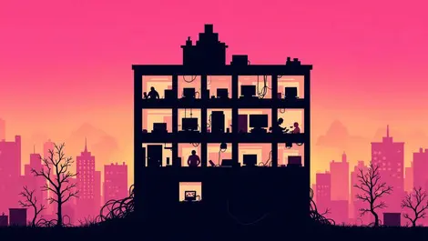 Uk office building silhouette outdated computers tangled cables shadowy cyber threats