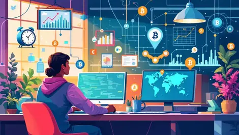 Colorful illustration young entrepreneurs collaborating blockchain startups europe africa