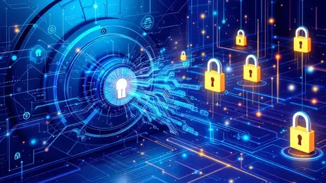 Digital illustration secure data vault breached ai shapes futuristic padlocks quantum encryption cyber threats