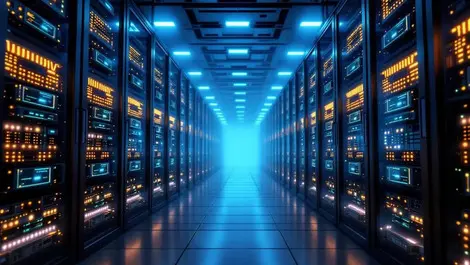 Realistic data center rows large gpu racks glowing powerful computing