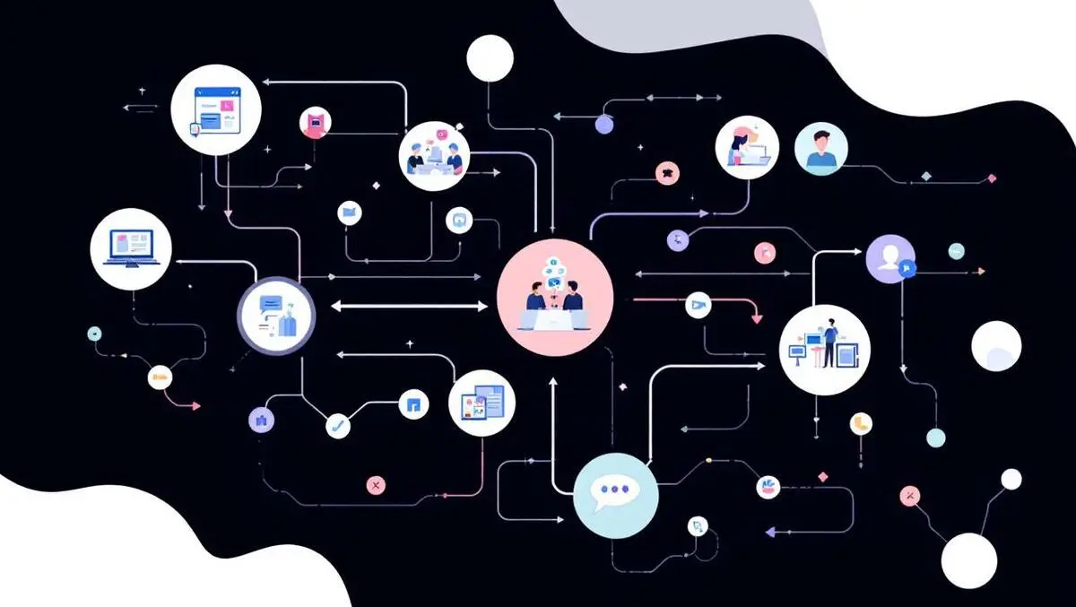 Abstract complex customer journey multidirectional pathways touchpoints icons