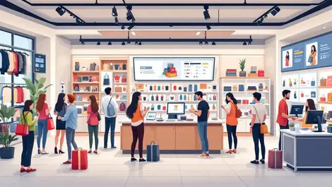 Modern retail store interior customers staff digital screens inventory